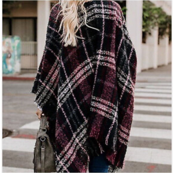 Burgundy black white & gray plaid Shawl wrap One Size - Picture 7 of 7